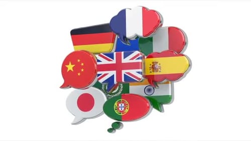 Dictionnaire, traduction et apprentissage des langues en ligne. Bulles de dialogue avec différents drapeaux. Vidéo 3D