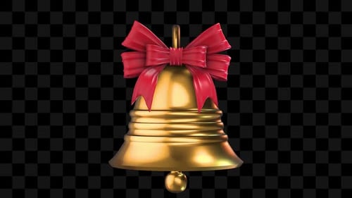 Animated 3D Golden Christmas Bell with Red Bow Swinging