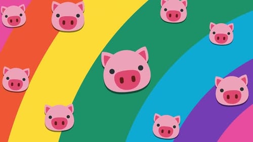 Cartoon Pig Faces and Flat Design Rainbow Color Transitions