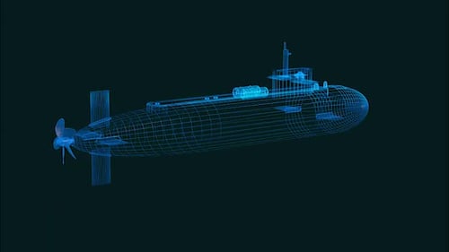 Futuristic Wireframe Submarine Hologram 3D Model Rotation