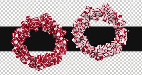 Animated Red and White Gift Box Wreaths Spinning for Holiday Celebrations
