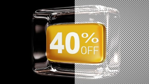 Glass cube with discount text - 40 percent off, Alpha Channel, Looped, Gold Plate, Exclusive