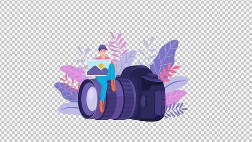 Flat Design Animation of Creative Photographer with Camera Lens