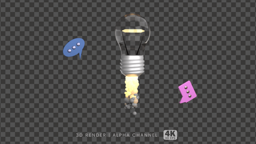 3D Animated Lightbulb Rocket Launch with Idea Bubbles
