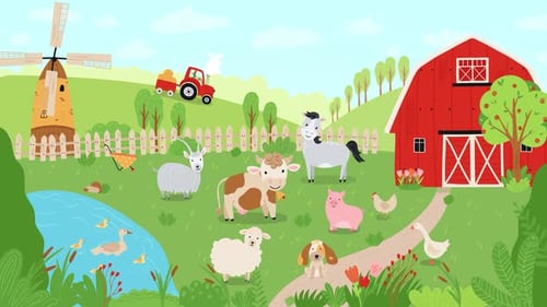 Bauernhaus, niedliche Tiere, die tanzen - Wunderschöne Dorflandschaft - Zeichentrickanimationen