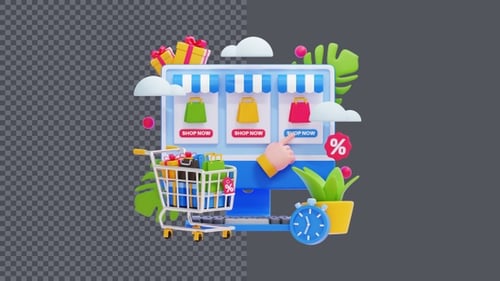 3D Online Shopping Experience with Animated Computer and Retail Elements