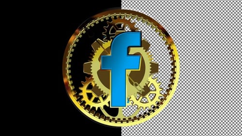 Logotipo giratório do Facebook com mecanismo de relógio dourado atrás de vidro, canal alfa, exclusivo, renderização 3D