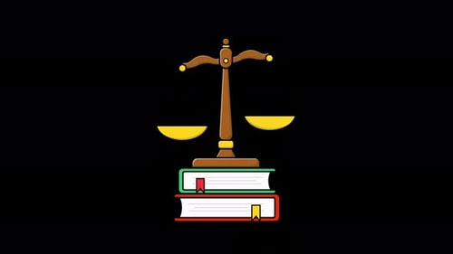 Échelle animée de la justice avec des livres de droit. Vidéo sur le concept de l'élément de plaidoyer - Transparente