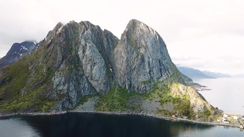 Nature. Beautiful landscape. Drone view. Bridge Over Sea, Drone Flying Over town. Lofoten, Norway.
