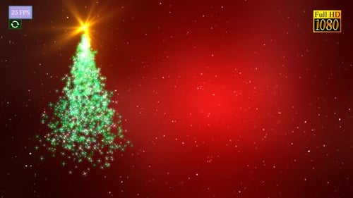 Animated Sparkling Christmas Tree with Glowing Star on Red Background