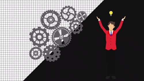 Flat Design Businessman with Idea and Working Gears Animation