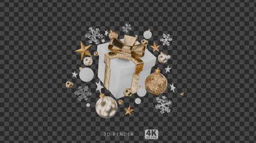 Animated Christmas Gift Box with Ornaments and Snowflakes