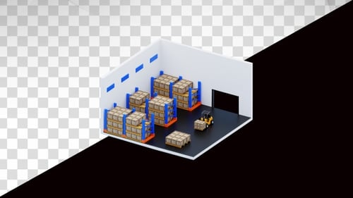 3d animation of warehouse interior with racks and forklift