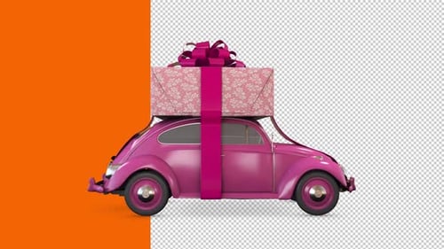 Pink Beetle Car Delivering Gift Box 3D Animation