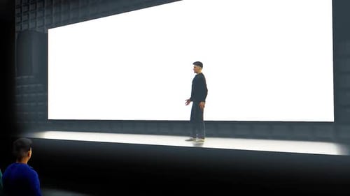 Animated Speaker Presents to Audience on Large Projection Screen