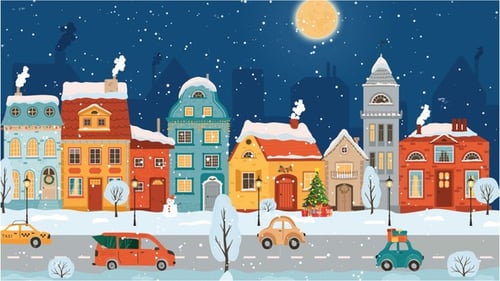 Retro Christmas Winter Old Town street -Vintage Style - Cartoon Animations