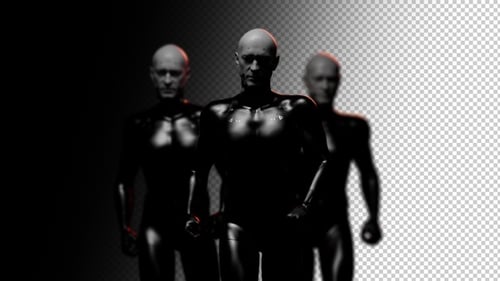 Three Futuristic Cyborgs Walking with Red Light Glow