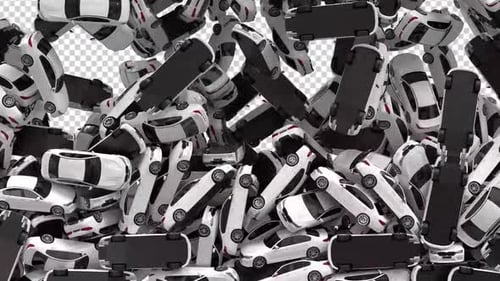 3D White Cars Falling And Piling Alpha Transition