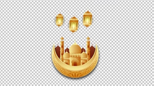 Animated Golden Crescent Moon Mosque with Hanging Lanterns