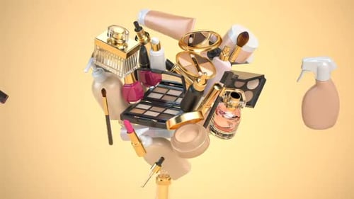 Make up and perfume, fashion cosmetics product in form of heart. 3d video animation