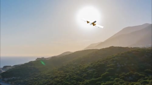 Animated Airplane Flying Above Coastal Mountains