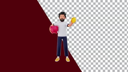 Modern 3D Animated Man with Piggy Bank and Gold Coin