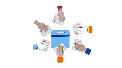 Flat Design Animation of Multiple Hands Voting into a Ballot Box
