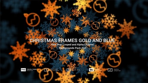 Christmas Frames Gold And Blue New Year Looped And Alpha Channel Backgrounds Pack 5in1