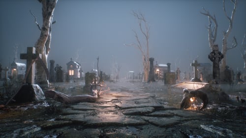 Halloween Looped Backdrop Of A Night And Foggy Cemetery