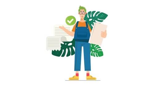 Flat Design Animated Man with Documents and Checkmark