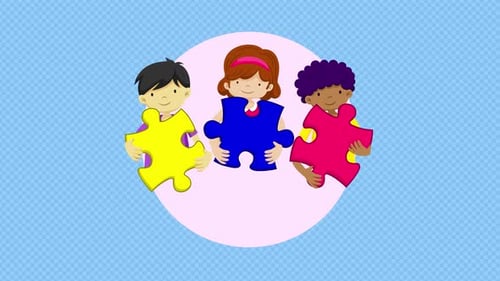 Modern Animation of Diverse Children Holding Puzzle Pieces