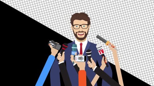 Cartoon Man Interviewed by Reporters