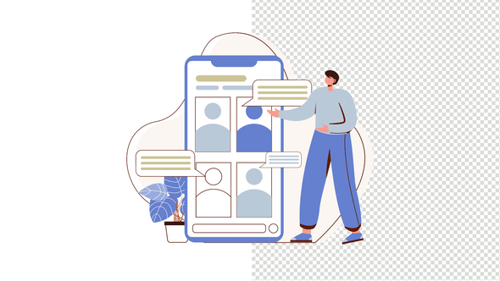 Modern Mobile Application UI with Man Interacting and Chat Bubbles