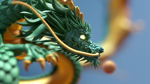 CGI Animated Dragon Head with Geometric Scales and Glowing Eyes