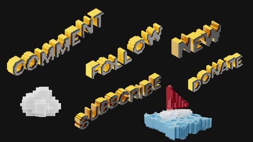 3D Voxel Pixel Art Game Elements and Social Media Text Animations