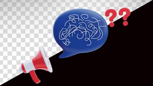 3D Megaphone Icon with Animated Question Marks in Speech Bubble