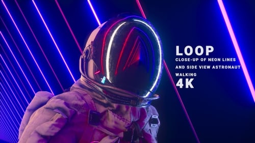 Close Up Of Neon Lines And Side View Astronaut Walking
