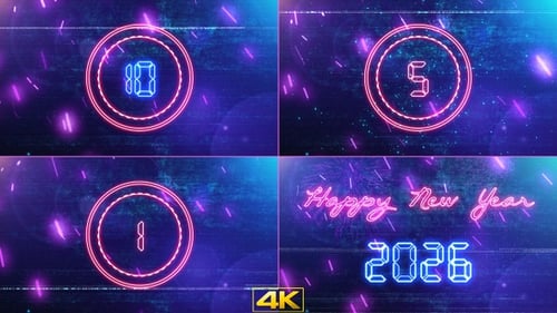 Futuristic Neon New Year Countdown Title with Fireworks