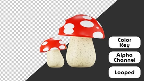 Animated 3D Mushrooms Growing Up on Transparent Background