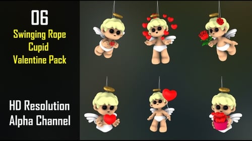 Animated Cute Swinging Cupid Characters with Hearts and Roses