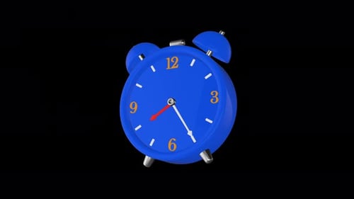 Réveil bleu avec des aiguilles qui se déplacent rapidement sur fond transparent. Animation 3D prête à être mise en boucle