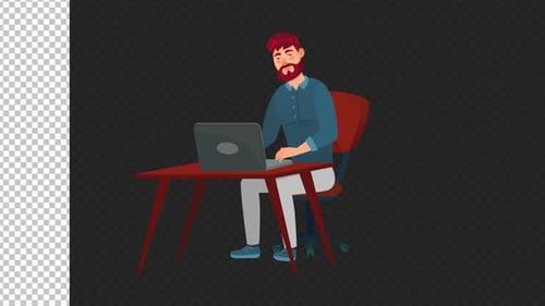 Animated Man Working on Laptop in Flat Design Style