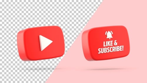 Logo YouTube isolé et texte LIKE & SUBSCRIBE avec fond alpha transparent, icône découpée