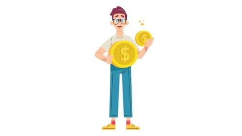 Flat Design Cartoon Character Holding Money Coins Animation