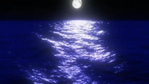 Full Moon Reflected on Dark Ocean Water with Shimmering Waves
