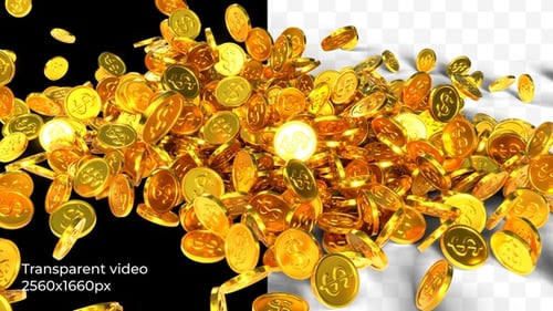 Shiny Gold Coins with Dollar Sign Falling and Forming Pile