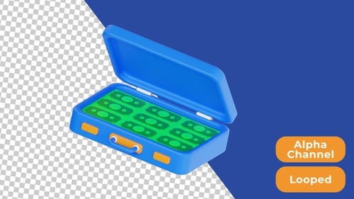 3D Animated Briefcase With Money | Alpha Channel
