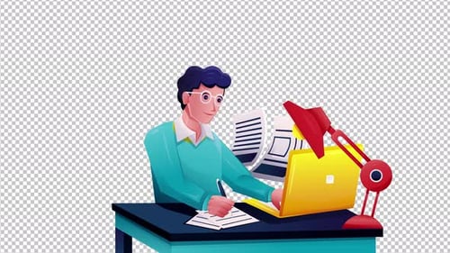 Animated Person Working at Desk with Laptop and Documents