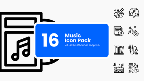 16 Animated Minimalist Music Line Icons Pack with Alpha Channel