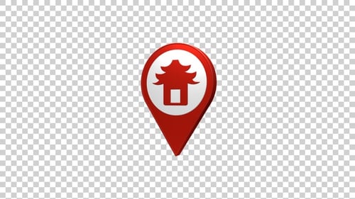 Rotating 3D Pagoda Map Pin Icon Animation
